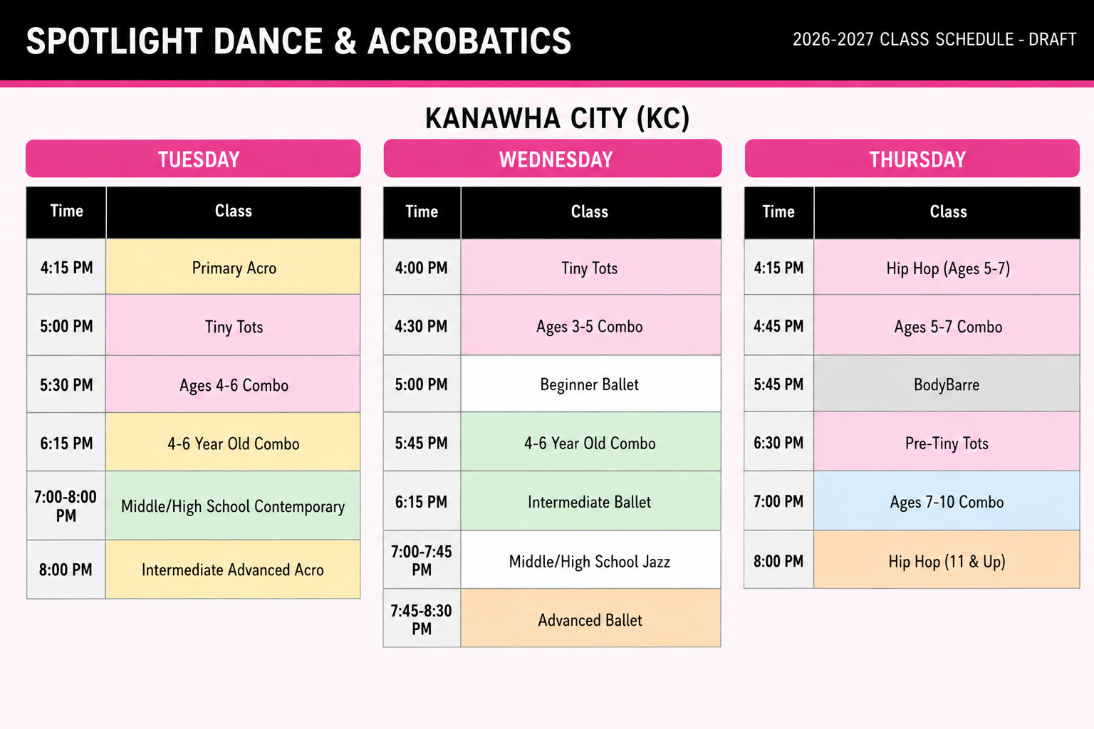 Kanawha City 2026–2027 class schedule
