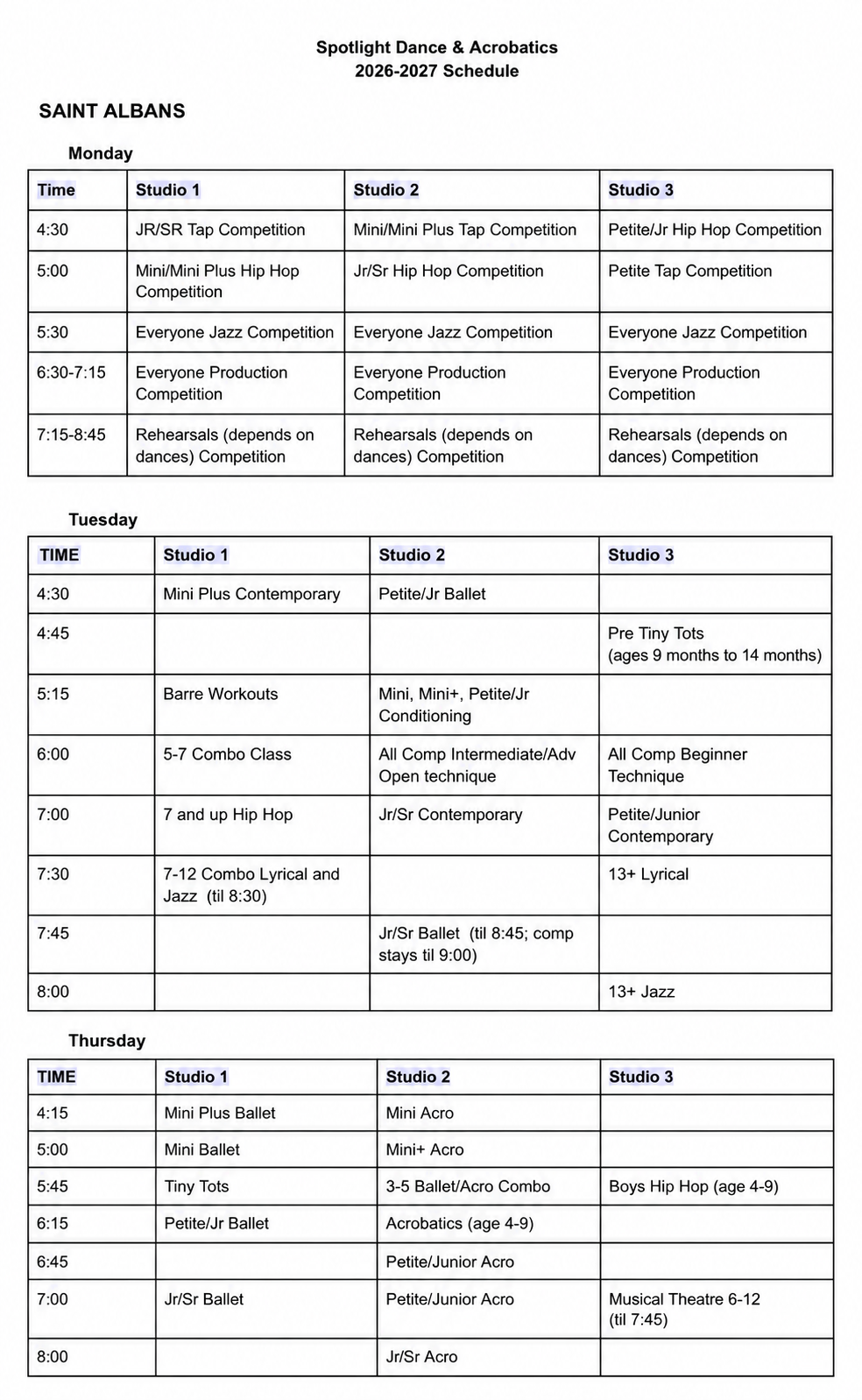 Saint Albans 2026–2027 class schedule